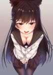  1girl alternate_costume animal_ears atago_(azur_lane) atago_(school_daydream)_(azur_lane) azur_lane bangs black_hair black_legwear black_sailor_collar blush breasts brown_eyes brown_skirt cleavage extra_ears eyebrows_visible_through_hair grey_background heart heart-shaped_pupils highres large_breasts leaning_forward long_hair looking_at_viewer mole mole_under_eye neckerchief open_mouth pantyhose pleated_skirt sailor_collar saliva saliva_trail school_uniform simple_background skirt solo standing suushiki swept_bangs symbol-shaped_pupils tongue tongue_out very_long_hair white_neckwear 