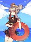  1girl absurdres fire_emblem fire_emblem_heroes grey_hair highres holding lazymimium long_hair nintendo one-piece_swimsuit red_eyes simple_background solo swimsuit tied_hair veronica_(fire_emblem) water white_background 