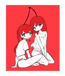  2girls bangs bare_shoulders border breasts cherry cleavage earrings food from_side fruit highres inata17ta jewelry legs_crossed limited_palette medium_hair monochrome mouth_hold multiple_girls original personification pink_eyes red_background red_earrings red_theme redhead shirt short_sleeves sitting smile swept_bangs white_border white_shirt 