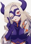  1girl 96soya :p ;p absurdres artist_name blonde_hair bodysuit boku_no_hero_academia breasts domino_mask grey_background hand_up highres horns large_breasts long_hair looking_at_viewer mask mount_lady one_eye_closed red_eyes shiny shiny_hair smile solo star_(symbol) tongue tongue_out 