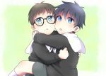  2boys ao_no_exorcist black_hair brothers brown_hair child glasses hug male_focus mole mole_under_eye multiple_boys okumura_rin okumura_yukio siblings twins zastuon0 