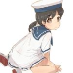 1girl alchera black_hair brown_eyes dress from_behind hat hiburi_(kantai_collection) kantai_collection looking_at_viewer looking_to_the_side low_ponytail sailor_collar sailor_dress sailor_hat shoes short_hair short_sleeves simple_background sitting socks solo uwabaki wariza white_background white_dress white_legwear 