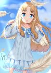  1girl :o artist_name bangs blonde_hair blue_bow blue_dress blue_eyes blue_neckwear blue_sky blurry_foreground bow bowtie clouds collarbone day dress eyebrows_visible_through_hair feathered_wings feathers firo_(tate_no_yuusha_no_nariagari) frilled_dress frills hands_up highres lens_flare long_hair long_sleeves looking_at_viewer open_mouth outdoors parted_bangs pointing pointing_at_self signature sky solo standing syyn_(syyndev) tate_no_yuusha_no_nariagari very_long_hair white_wings wings 