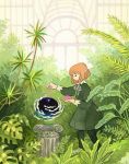  1girl bangs black_dress black_legwear dress feet_out_of_frame garden heikala highres holding indoors inktober leaf long_sleeves medium_hair orange_hair original plant profile solo window 