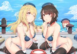  &gt;o&lt; 4girls absurdres alternate_costume animal ass atago_(kantai_collection) bangs beret bikini black_gloves black_hair black_legwear blonde_hair blue_headwear blue_sky blush bowl breasts brown_eyes cat cleavage closed_mouth clouds collar commentary_request day failure_penguin gambier_bay_(kantai_collection) gloves green_eyes hat highres horizon kantai_collection large_breasts leash long_hair looking_at_viewer multiple_girls ocean one_eye_closed open_mouth outdoors redhead sailor_collar school_uniform seiza serafuku short_hair side-tie_bikini sitting skindentation sky string_bikini swimsuit takao_(kantai_collection) thigh-highs untied untied_bikini water zuoteng_lucha 