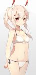  1girl :o arms_behind_back ayanami_(azur_lane) azur_lane bangs bare_shoulders bikini blonde_hair blue_ribbon blush breasts cleavage collarbone commentary_request cowboy_shot eyebrows_visible_through_hair gradient gradient_background hair_ornament hairclip headgear_removed highres long_hair moko_(mokomozi11) navel parted_lips ponytail red_eyes ribbon side-tie_bikini sidelocks small_breasts solo stomach swimsuit white_bikini 