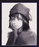  1girl bangs black_border black_hair border chromatic_aberration grey_background greyscale hand_on_own_face hat highres long_sleeves looking_at_viewer medium_hair monochrome ordnance original portrait signature sleeves_past_wrists smile solo 