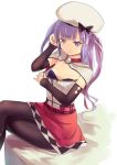  1girl ajax_(azur_lane) arm_up azur_lane bandeau bangs beret black_bow black_legwear blush bow capelet character_request commentary_request copyright_request culter detached_sleeves feet_out_of_frame hat hat_bow long_hair looking_at_viewer miniskirt pantyhose purple_hair red_skirt shadow sidelocks simple_background sitting skirt smile solo strapless thighs tubetop two_side_up violet_eyes white_background white_capelet white_headwear 