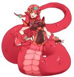  1girl :d armor black_gloves breasts cosplay eyebrows_visible_through_hair fingerless_gloves full_body gloves hair_between_eyes hair_ornament hairclip hand_on_hip headpiece lamia large_breasts long_hair looking_at_viewer miia_(monster_musume) monster_girl monster_musume_no_iru_nichijou navel neon_trim nintendo open_mouth pointy_ears pyra_(xenoblade) pyra_(xenoblade)_(cosplay) red_shorts redhead rtil scales short_shorts short_sleeves shorts signature simple_background slit_pupils smile snake_tail solo standing tail tail_ornament tiara turtleneck underbust vambraces white_background xenoblade_(series) xenoblade_2 yellow_eyes 
