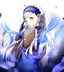  1girl bangs black_gloves blonde_hair blue_coat blue_hairband elbow_gloves floating_hair flower gloves hair_flower hair_ornament hairband highres holding imo_(evekelu-111) lavenza long_hair looking_at_viewer persona persona_5 short_sleeves simple_background solo standing swept_bangs very_long_hair white_background yellow_eyes yellow_flower 