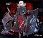  1girl alternate_costume armor armored_dress arrow axe bangs belt black_background black_ribbon blood blood_drip blood_on_face bloody_clothes bloody_weapon braid breastplate breasts character_name corset crazy_eyes eyebrows_visible_through_hair flag full_body girls_frontline gloves gradient_hair greaves grey_hair gun highres holding holding_gun holding_weapon large_breasts long_hair looking_at_viewer multicolored_hair namesake official_art plate_armor polearm pouch red_eyes redhead ribbon shield shotgun shotgun_shells sidelocks silver_hair smile solo spas-12 spas-12_(girls_frontline) spear sword terras torn_clothes twintails weapon 