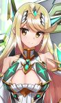  1girl bangs blonde_hair breasts cleavage cleavage_cutout earrings elbow_gloves gem gloves grey_background hair_ornament headpiece highres mythra_(xenoblade) holding holding_sword holding_weapon jewelry large_breasts long_hair looking_at_viewer nakazou2000 nintendo simple_background smile solo swept_bangs sword tiara upper_body very_long_hair weapon xenoblade_(series) xenoblade_2 yellow_eyes 