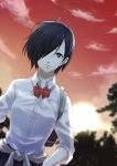  1girl absurdres ahoge black_hair blue_hair blurry blurry_background bow bowtie breasts commentary_request frown hair_over_one_eye highres kinaco_4738 kirishima_touka looking_at_viewer medium_breasts outdoors red_bow red_neckwear shirt short_hair sleeves_rolled_up solo sunset tokyo_ghoul tree upper_body white_shirt 