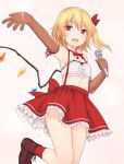  1girl :d alternate_costume arm_ribbon arm_up armpits bandeau bangs blonde_hair blush bow breasts brown_footwear brown_gloves center_frills commentary_request cowboy_shot crystal elbow_gloves flandre_scarlet gloves hair_bow highres holding holding_microphone leg_up looking_at_viewer microphone midriff miniskirt miyo_(ranthath) neck_ribbon no_hat no_headwear one_side_up open_mouth outstretched_arm petticoat pink_background red_bow red_eyes red_legwear red_neckwear red_ribbon red_skirt ribbon shoes short_hair simple_background skirt small_breasts smile socks solo suspender_skirt suspenders thighs touhou wings 