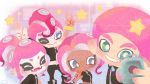  2boys 2girls :d ;&gt; ^_^ afro agent_8 arms_up black_footwear black_pants blue_eyes boots bright_pupils chibi closed_eyes closed_mouth dark_skin double_v fangs green_eyes grey_eyes grin holding long_hair mohawk multiple_boys multiple_girls no_nose octarian octoling open_mouth pants pink_hair ponytail self_shot short_hair single_sleeve smile splatoon splatoon_(series) splatoon_2 splatoon_2:_octo_expansion star suction_cups teeth tentacle_hair v yoshishi_(yosisitoho) zipper 