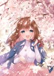  1girl :d artist_name bangs blue_eyes blurry blurry_background blurry_foreground blush breasts brown_hair cherry_blossoms commentary_request day depth_of_field eyebrows_visible_through_hair flower hair_between_eyes hair_ornament highres long_hair long_sleeves medium_breasts open_mouth original outdoors petals pink_skirt pleated_skirt ribbed_sweater rosuuri round_teeth skirt smile solo spring_(season) sweater teeth tree_branch upper_teeth watermark web_address white_flower white_sweater 