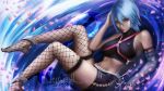  1girl adapted_costume anastasia_(asteltainn) aqua_(kingdom_hearts) artist_name blue_eyes blue_hair breasts cherry_blossoms commentary crop_top elbow_gloves feet_out_of_frame fingerless_gloves fishnet_legwear fishnets gloves hair_between_eyes highres kingdom_hearts looking_at_viewer medium_breasts midriff navel partially_submerged petals petals_on_liquid ripples short_hair shorts sideboob signature solo thigh-highs water watermark 
