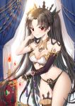  1girl absurdres bangs bare_shoulders black_hair blush breasts candle commentary_request curtains daengdaeng earrings fate/grand_order fate_(series) fire hair_ribbon highres hoop_earrings ishtar_(fate/grand_order) jewelry long_hair looking_at_viewer medium_breasts navel parted_bangs red_eyes ribbon single_thighhigh smile solo thigh-highs two_side_up 