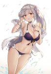  1girl adjusting_hair aliceblue azur_lane bangs bikini blush breasts butterfly_hair_ornament choker cleavage collarbone dunkerque_(azur_lane) eyebrows_visible_through_hair flower grey_hair hair_ornament hairband hand_on_own_chest highres jacket large_breasts long_hair looking_at_viewer navel off_shoulder open_clothes open_jacket open_mouth pink_eyes ponytail purple_bikini revision sapphire_(gemstone) side-tie_bikini sidelocks solo stomach swimsuit thighs 
