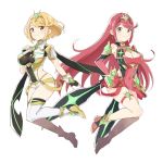  2girls alternate_color armor bangs blonde_hair breasts cleavage_cutout covered_navel earrings fingerless_gloves full_body gem gloves headpiece mythra_(xenoblade) pyra_(xenoblade) jewelry large_breasts looking_at_viewer madanai_(moyasitarou) multiple_girls nintendo red_eyes red_shorts redhead short_hair shorts shoulder_armor simple_background smile swept_bangs thigh_strap tiara xenoblade_(series) xenoblade_2 yellow_eyes 