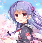  1girl :d bangs black_bow black_ribbon blue_sky blurry blurry_background blush bow braid breasts clouds commentary_request day depth_of_field eyebrows_visible_through_hair fingernails floral_print flower hair_between_eyes hair_bow hair_flower hair_ornament hair_ribbon kujou_danbo long_hair long_sleeves looking_at_viewer looking_to_the_side nail_polish one_side_up open_mouth original outdoors petals pink_flower pink_nails purple_hair red_eyes red_flower red_neckwear ribbon sailor_collar shirt side_braid single_braid sky small_breasts smile solo star star_hair_ornament upper_body very_long_hair white_sailor_collar white_shirt 