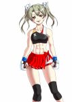  1girl abs bike_shorts fingerless_gloves gloves green_eyes green_hair hair_ribbon kantai_collection knee_brace midriff mixed_martial_arts muneate muscle muscular_female navel ribbon rigid rigidsteed shorts solo sports_bra toned twintails white_ribbon zuikaku_(kantai_collection) 