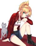  1girl absurdres animal belt black_belt black_footwear blonde_hair boots braid breasts cat cleavage commentary_request eyebrows_visible_through_hair fate/grand_order fate_(series) green_eyes hair_ornament hair_scrunchie highres jacket jewelry jun_(540000000000000) long_hair long_sleeves looking_at_viewer mordred_(fate) mordred_(fate)_(all) navel necklace ponytail red_jacket red_scrunchie scrunchie short_shorts shorts sitting smile 