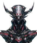  1other android armor commentary_request cyberpunk cyborg esuthio glowing glowing_eyes helmet horns mechanical_parts metal neon original parts_exposed pipes robot science_fiction shiny simple_background skull solo teeth white_background writing 