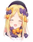  1girl :d abigail_williams_(fate/grand_order) absurdres artist_name bangs black_bow black_headwear black_neckwear blonde_hair blush bow closed_eyes commentary_request eyebrows_visible_through_hair face fate/grand_order fate_(series) happy hat highres looking_at_viewer multiple_boys open_mouth orange_bow orange_neckwear parted_bangs polka_dot polka_dot_bow simple_background smile solo w-t white_background 