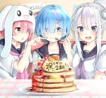  3girls :d animal_hat bangs black_sailor_collar blue_eyes blue_hair blueberry braid breasts chestnut_mouth collarbone commentary_request crown_braid eating emilia_(re:zero) food food_on_face fork fruit furrowed_eyebrows hair_bun hair_ornament hair_over_one_eye hand_up hat heart heart-shaped_pupils highres holding holding_fork indoors long_hair looking_at_another looking_at_viewer medium_breasts momonoko_noko mouth_drool multiple_girls nail_polish neckerchief open_mouth pancake parted_lips pink_hair pink_nails pink_neckwear plate ram_(re:zero) re:zero_kara_hajimeru_isekai_seikatsu red_eyes rem_(re:zero) sailor_collar school_uniform serafuku shirt short_hair short_sleeves side-by-side silver_hair sitting smile sweatdrop symbol-shaped_pupils syrup table wavy_mouth white_shirt x_hair_ornament 