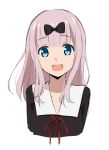  1girl :d bangs black_bow black_dress blue_eyes blunt_bangs blush bow collarbone collared_dress cropped_torso dress eyebrows_visible_through_hair fujiwara_chika hair_bow head_tilt highres kaguya-sama_wa_kokurasetai_~tensai-tachi_no_renai_zunousen~ kohakope looking_at_viewer neck_ribbon open_mouth pink_hair red_ribbon ribbon school_uniform simple_background smile solo upper_body white_background 