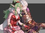  1boy 1girl belt breasts brown_gloves cape chiki cleavage closed_eyes closed_mouth commission fire_emblem fire_emblem:_kakusei gloves green_hair hood hood_down large_breasts long_hair long_sleeves male_my_unit_(fire_emblem:_kakusei) mamkute my_unit_(fire_emblem:_kakusei) nintendo pointy_ears ponytail red_gloves rheamii robe short_hair simple_background sitting sleeping smile tiara white_hair 