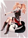  1girl bear_hair_ornament black_bra black_footwear black_jacket blonde_hair boots bra breasts closed_eyes dangan_ronpa dangan_ronpa_1 enoshima_junko floating_hair full_body grey_background hair_ornament jacket knee_boots kurozatou_owata legs_crossed medium_breasts miniskirt monokuma nail_polish necktie plaid plaid_skirt pleated_skirt red_nails red_skirt sitting skirt sleeves_rolled_up smile solo twintails underwear white_neckwear 