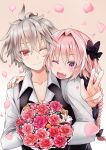  2boys :d ahoge astolfo_(fate) bangs black_bow blush bow braid collarbone commentary_request eyebrows_visible_through_hair fate_(series) flower hair_between_eyes hair_bow hair_intakes hand_on_shoulder head_on_shoulder highres holding holding_flower kakan_(amka) long_braid long_hair long_sleeves looking_at_viewer male_focus medium_hair multiple_boys one_eye_closed open_mouth pink_flower red_eyes red_flower shirt sieg_(fate/apocrypha) single_braid skin_fang smile trap w 