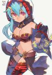  1girl blue_hair breasts character_name cleavage closed_mouth clouds cowboy_shot electricity flower_knight_girl guemi_(ba11f0rm3) hair_between_eyes highres hood large_breasts long_hair looking_at_viewer navel oni_horns oniyuri_(flower_knight_girl) red_eyes red_legwear simple_background smile solo thigh-highs white_background 