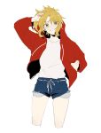  1girl blonde_hair cropped_legs denim denim_shorts fate/apocrypha fate/grand_order fate_(series) green_eyes hair_between_eyes hand_in_hair hand_in_pocket highres jacket mordred_(fate) mordred_(fate)_(all) oretamio ponytail shirt shorts smile solo white_background white_shirt 