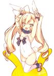 1girl :3 animal_ears armpits arms_up bare_shoulders blonde_hair blue_eyes bow bunny_girl bunny_pose bunny_tail bunnysuit covered_navel curly_hair full_body hair_bow leotard long_hair mayuzaki_yuu open_mouth original rabbit_ears ribbon shoes smile solo strapless strapless_leotard tail thigh-highs twintails white_footwear white_legwear white_leotard 