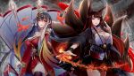  2girls ahoge akagi_(azur_lane) animal_ears artist_request azur_lane bangs bare_shoulders black_hair black_kimono black_nails blunt_bangs breasts cleavage collarbone commentary_request crossed_bangs eyebrows_visible_through_hair eyeliner eyeshadow feather-trimmed_sleeves floating_hair fox_ears fox_girl fox_tail hair_between_eyes hair_ribbon hakama_skirt highres japanese_clothes kimono kitsune large_breasts long_hair long_sleeves looking_at_viewer makeup mask mask_on_head multiple_girls multiple_tails nail_polish off_shoulder open_mouth red_eyes red_kimono red_ribbon red_skirt ribbon sidelocks skirt smile standing striped striped_ribbon taihou_(azur_lane) tail thigh-highs thighs tied_hair twintails very_long_hair wide_sleeves 