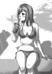  1girl absurdres bikini blush breasts cleavage collarbone cup day drinking_straw greyscale highres holding holding_cup kunikida_hanamaru long_hair looking_to_the_side love_live! love_live!_sunshine!! medium_breasts monochrome navel outdoors side-tie_bikini sishamon sitting sketch solo sunlight swimsuit wet 