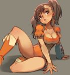  1girl bangs bare_legs blush boots breasts brown_eyes brown_hair cleavage clip_studio_paint commentary diane_(nanatsu_no_taizai) english_commentary grey_background large_breasts leotard long_hair nanatsu_no_taizai orange_footwear orange_leotard parted_lips puffy_short_sleeves puffy_sleeves shadow short_sleeves sitting solo twintails xavier_houssin 