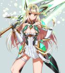  1girl bangs blonde_hair breasts cleavage cleavage_cutout dress earrings elbow_gloves full_body gem gloves grey_background hair_ornament headpiece highres mythra_(xenoblade) holding holding_sword holding_weapon jewelry large_breasts long_hair looking_at_viewer nakazou2000 nintendo simple_background smile solo swept_bangs sword tiara very_long_hair weapon white_dress xenoblade_(series) xenoblade_2 yellow_eyes 