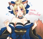  1girl :d absurdres animal_ears bare_shoulders blonde_hair blue_kimono blue_sleeves blush breasts choker cleavage collarbone cosplay detached_sleeves eyebrows_visible_through_hair facial_scar fate/grand_order fate_(series) fox_ears fox_tail gintama grey_background head_tilt highres japanese_clothes kimono large_breasts long_sleeves looking_at_viewer open_mouth paleatus scar scar_on_cheek short_hair short_kimono simple_background smile solo strapless tail tamamo_(fate)_(all) tamamo_no_mae_(fate) tamamo_no_mae_(fate)_(cosplay) tsukuyo_(gintama) violet_eyes 