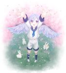  1boy :d angel_wings arms_up black_legwear blue_neckwear blue_sailor_collar blush carry_me cherry_blossoms commentary_request daisy feathered_wings flower foreshortening from_above grass hair_between_eyes highres long_sleeves looking_at_viewer male_focus neckerchief open_mouth original petals rabbit sailor_collar shirt shorts silver_hair smile socks solo standing violet_eyes white_footwear white_shirt white_shorts wings yanagino_saho 