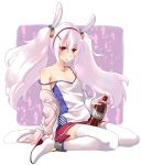  1girl animal_ears azur_lane bangs blush bottle camisole cola commentary_request eyebrows_visible_through_hair full_body fur-trimmed_jacket fur_trim hair_between_eyes hair_ornament hairband highres jacket laffey_(azur_lane) long_hair long_sleeves looking_at_viewer off_shoulder open_clothes open_jacket parted_lips pink_jacket pleated_skirt rabbit_ears red_eyes red_hairband red_skirt shoes sitting skirt sleeves_past_wrists soda_bottle solo strap_slip theta_(ponkotsu_works) thigh-highs twintails very_long_hair wariza white_camisole white_footwear white_hair white_legwear 