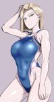  1girl android_18 blonde_hair blue_eyes breasts collarbone competition_swimsuit contrapposto covered_navel cowboy_shot dragon_ball dragonball_z earrings eenui334 frown hair_intakes highleg highleg_swimsuit highres jewelry large_breasts looking_at_viewer one-piece_swimsuit shiny shiny_clothes short_hair solo standing swimsuit 