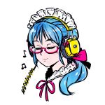  1girl akairiot bangs beamed_eighth_notes blue_hair bow closed_eyes eighth_note glasses hair_bow headphones long_hair maid maid_headdress mole mole_under_eye musical_note original pink-framed_eyewear pink_bow ponytail portrait simple_background smile solo white_background 