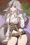  1girl absurdres animal_ears arm_at_side belt blurry breasts buckle cleavage contrapposto corset cowboy_shot depth_of_field fire_emblem fire_emblem_if highres lips long_hair long_sleeves medium_breasts multicolored_hair nintendo outdoors paid_reward parted_lips patreon_reward petals short_shorts shorts sidelocks silver_hair solo songjikyo streaked_hair tail thighs underbust velour_(fire_emblem_if) 