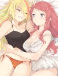  2girls :d arm_up azuki_(aduki) bare_arms bare_shoulders bed_sheet blonde_hair blue_eyes blush breasts character_request cleavage collarbone cowboy_shot dress earrings eyes_visible_through_hair from_above gluteal_fold green_hair grin hair_over_one_eye hug jewelry large_breasts lying medium_breasts multicolored_hair multiple_girls on_back on_side open_mouth orange_hair orange_panties orange_ribbon panties parted_lips pink_eyes redhead ribbon side-tie_panties sleeveless sleeveless_dress smile strap_slip streaked_hair stud_earrings tank_top teeth underwear v-shaped_eyebrows white_dress yuri zombie_land_saga 