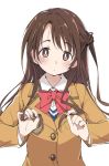  1girl blush bow bowtie brown_eyes brown_hair closed_mouth idolmaster idolmaster_cinderella_girls ixy long_hair long_sleeves looking_at_viewer one_side_up red_neckwear school_uniform shimamura_uzuki simple_background solo white_background 