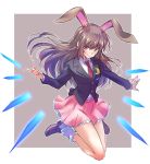  1girl animal_ears brown_eyes brown_hair bunny_girl cosplay highres iesupa jumping long_hair mary_janes necktie pink_skirt rabbit_ears red_neckwear reisen_udongein_inaba reisen_udongein_inaba_(cosplay) rwby shoes skirt solo suit_jacket tail touhou velvet_scarlatina 